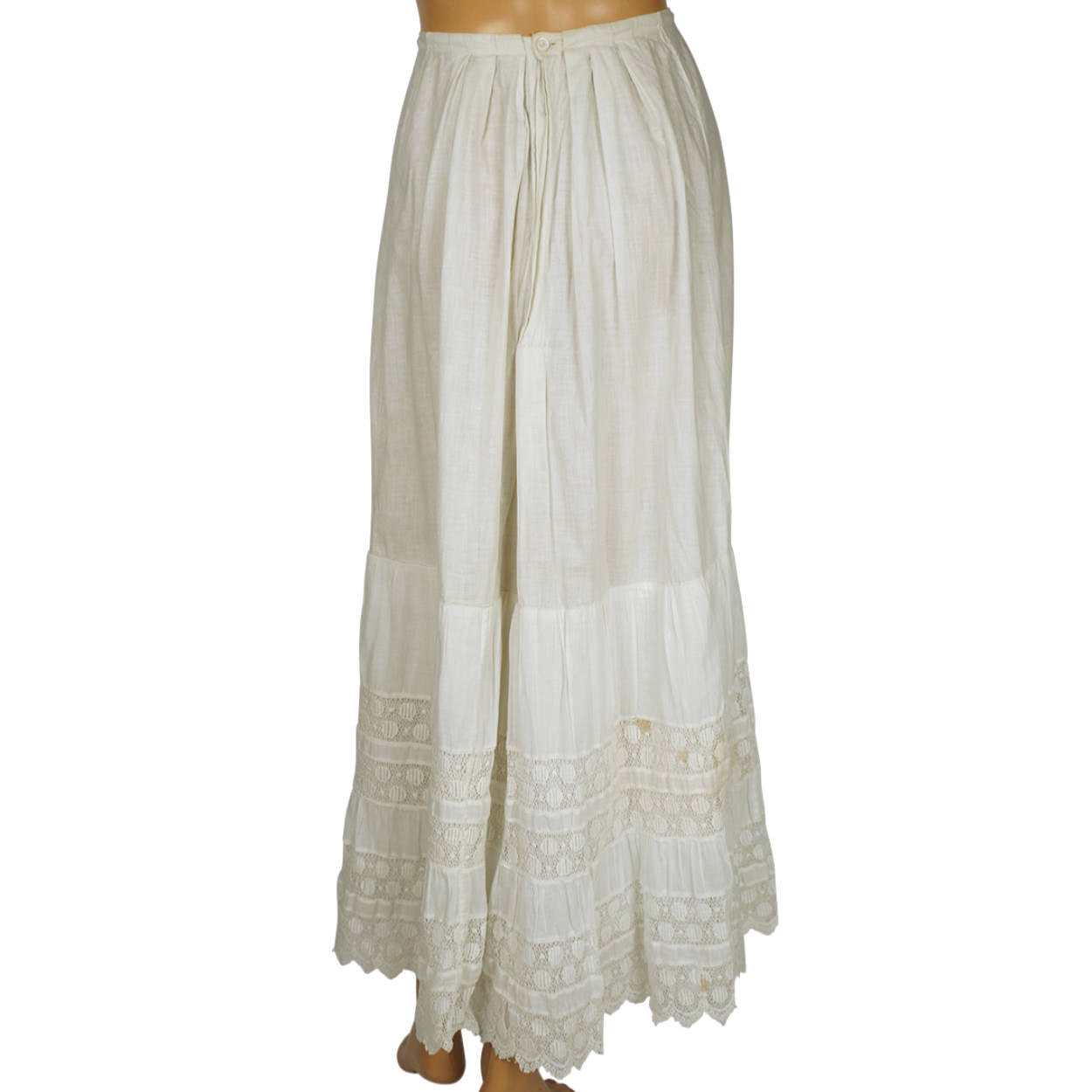 Antique Victorian Lace Flounce Petticoat 19th c White Cotton Size M 29” Waist - Poppy's Vintage Clothing