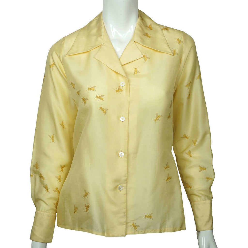 Vintage 1970s Silk Shirt Blouse Bee Pattern Lady Van Laack Germany Holt Renfrew - Poppy's Vintage Clothing