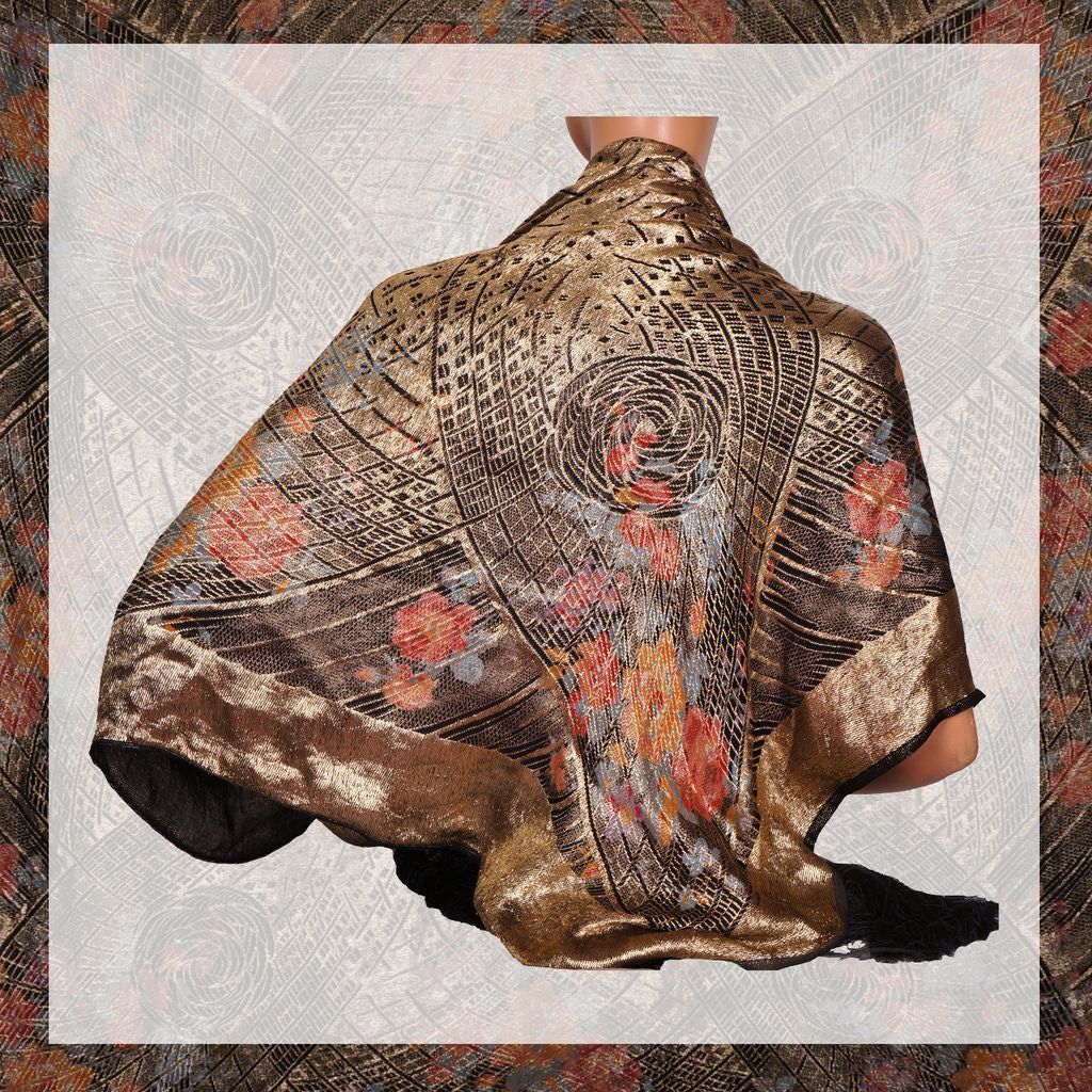 20s Vintage Shawl in Art Deco Gold Lame Floral Pattern w/ Black Tassels - Poppy's Vintage Clothing