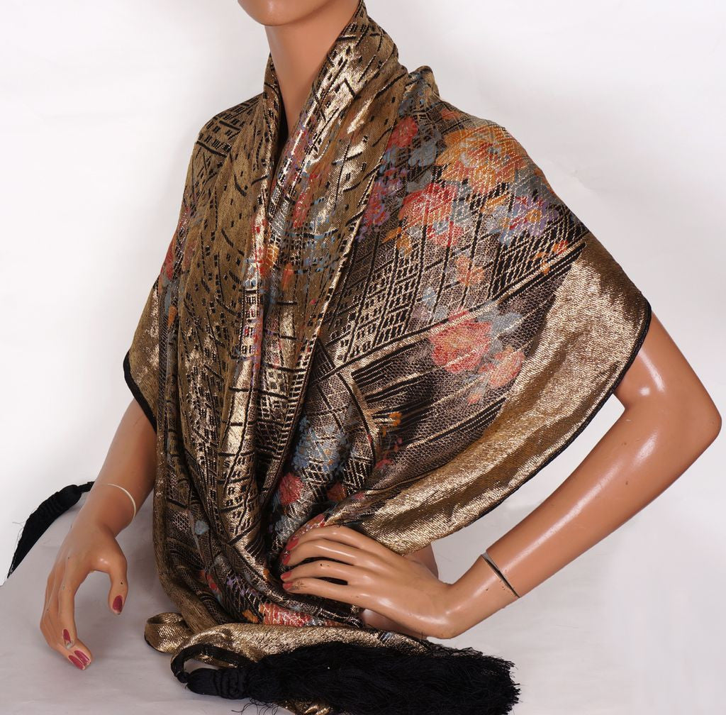 20s Vintage Shawl in Art Deco Gold Lame Floral Pattern w/ Black Tassels - Poppy's Vintage Clothing