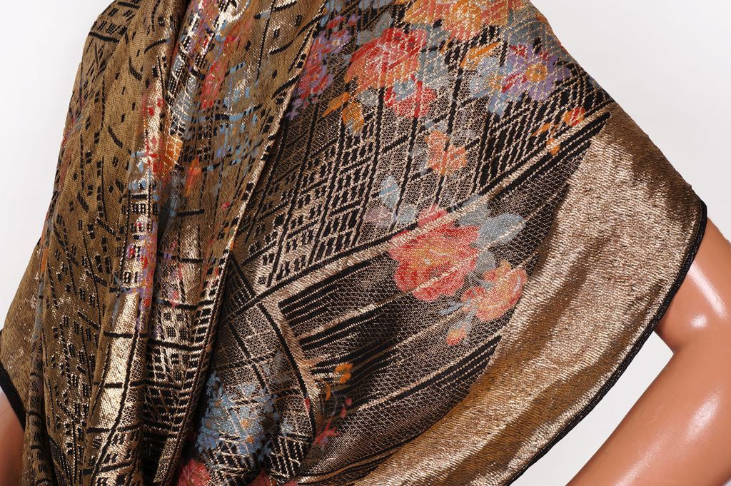 20s Vintage Shawl in Art Deco Gold Lame Floral Pattern w/ Black Tassels - Poppy's Vintage Clothing