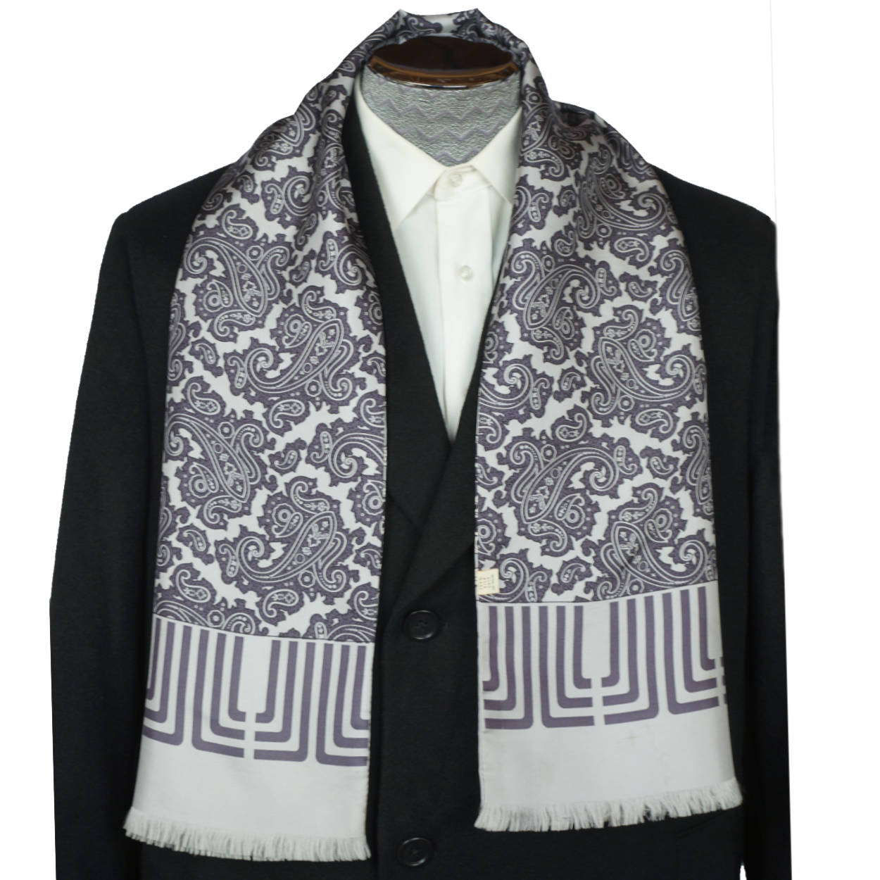 Vintage 1970s Lanvin Paris Mens Silk Dress Scarf Silver Grey w Paisley Pattern - Poppy's Vintage Clothing