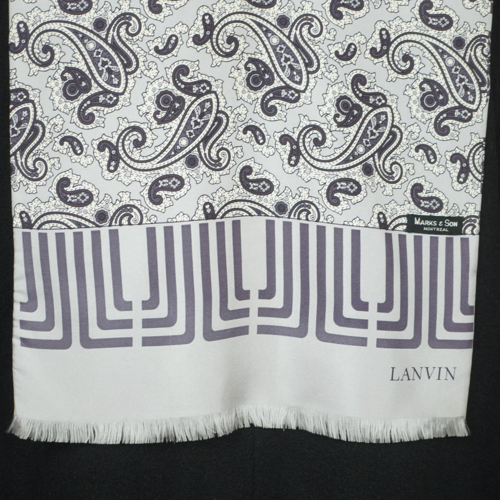 Vintage 1970s Lanvin Paris Mens Silk Dress Scarf Silver Grey w Paisley Pattern - Poppy's Vintage Clothing