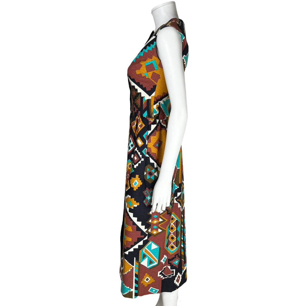 Vintage 1970s Lanvin Dress Aztec Quilt Pattern Cotton Sz S M