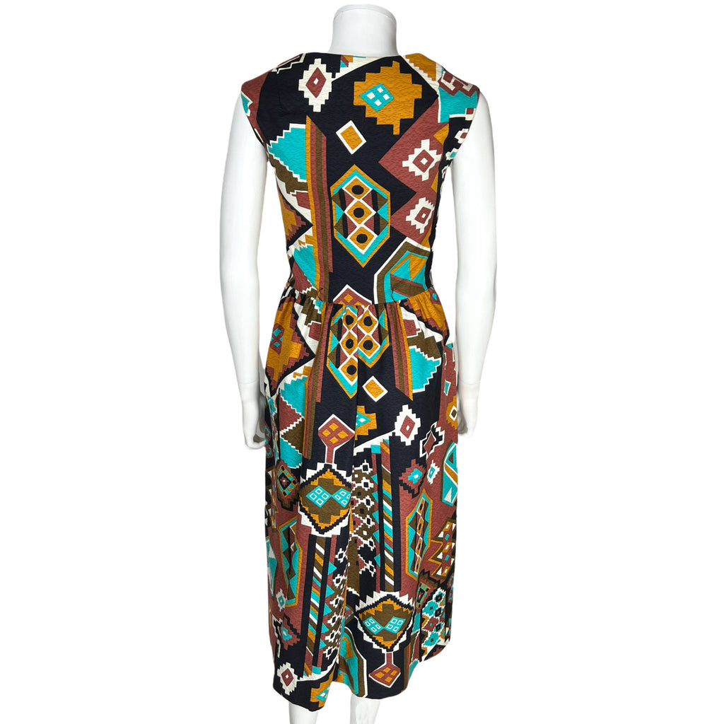Vintage 1970s Lanvin Dress Aztec Quilt Pattern Cotton Sz S M