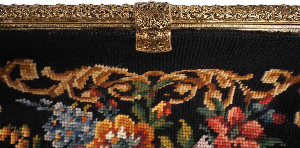 Vintage 1940s Needlepoint Tapestry Purse Large Handbag - Poppy's Vintage Clothing