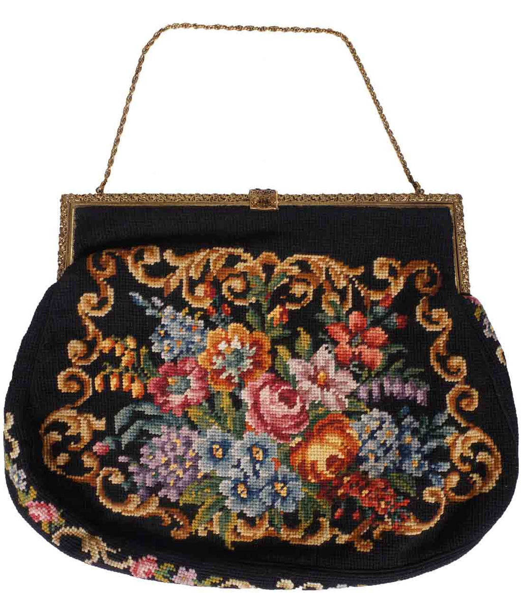 Vintage 1940s Needlepoint Tapestry Purse Large Handbag - Poppy's Vintage Clothing