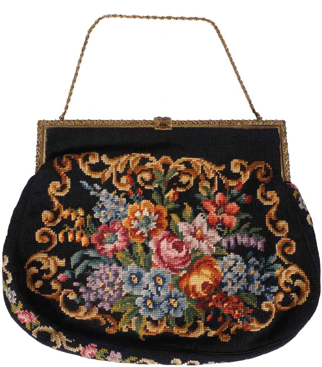 Vintage 1940s Needlepoint Tapestry Purse Large Handbag - Poppy's Vintage Clothing