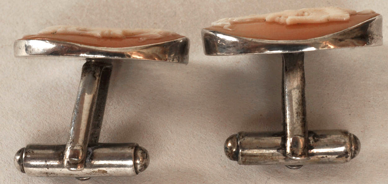 Vintage Silver & Carved Cameo Cufflinks with Amazon Centurion Design - Poppy's Vintage Clothing