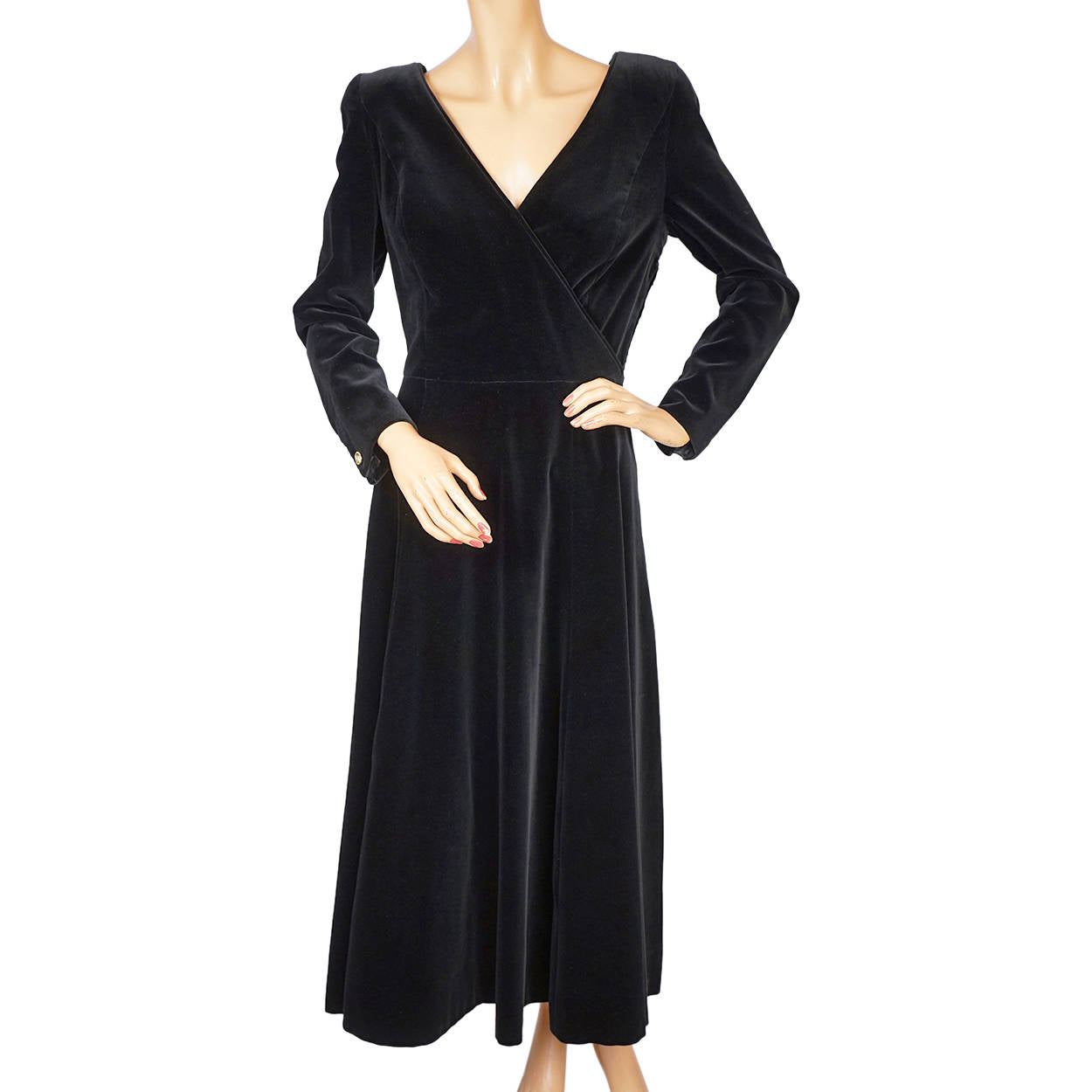 Vintage 1980s Laura Ashley Black Velvet Dress Size 12 Gothic Classic Made in UK - Poppy's Vintage Clothing