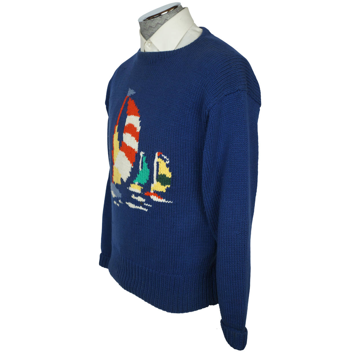 Vintage 80s Ralph Lauren Polo Intarsia Sailboats Sweater M - Poppy's Vintage Clothing