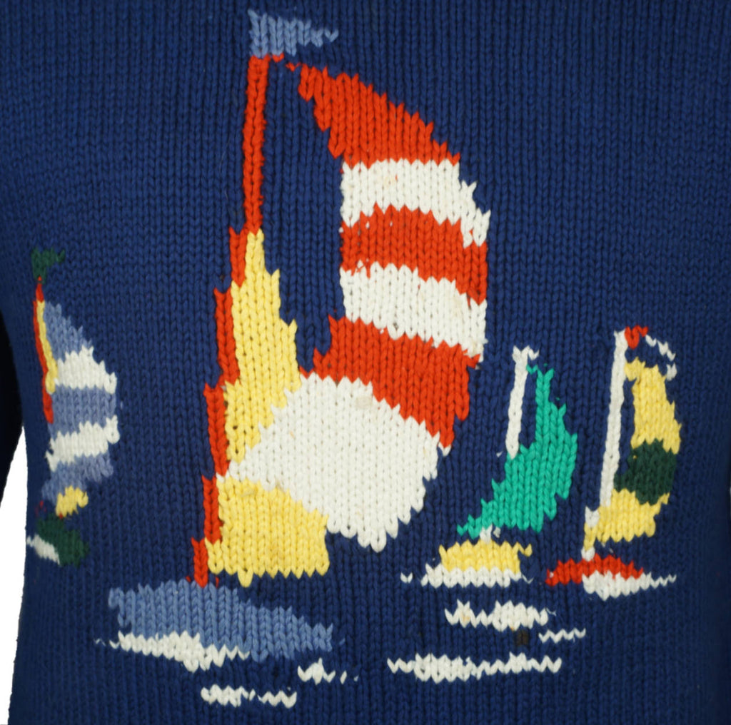 Vintage 80s Ralph Lauren Polo Intarsia Sailboats Sweater M - Poppy's Vintage Clothing