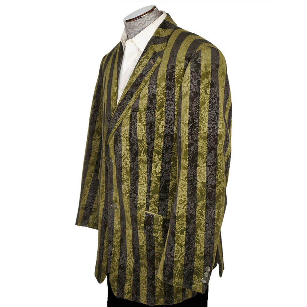 Vintage Brocade Velvet Jacket Green & Black Striped Blazer Sport Coat Size 44 R - Poppy's Vintage Clothing