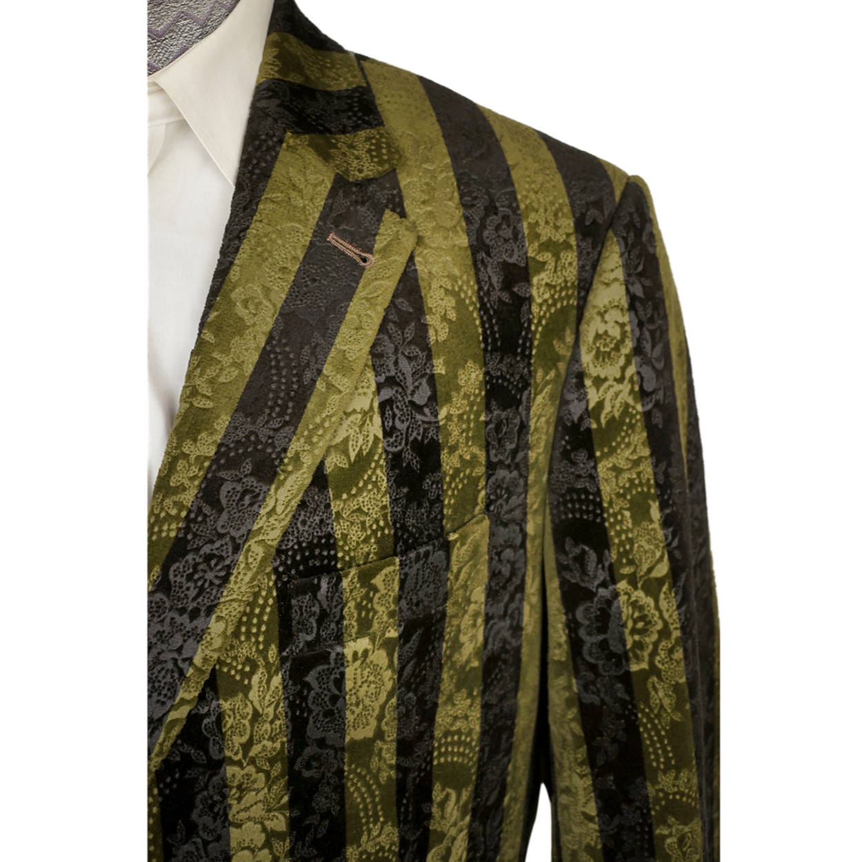 Vintage Brocade Velvet Jacket Green & Black Striped Blazer Sport Coat Size 44 R - Poppy's Vintage Clothing