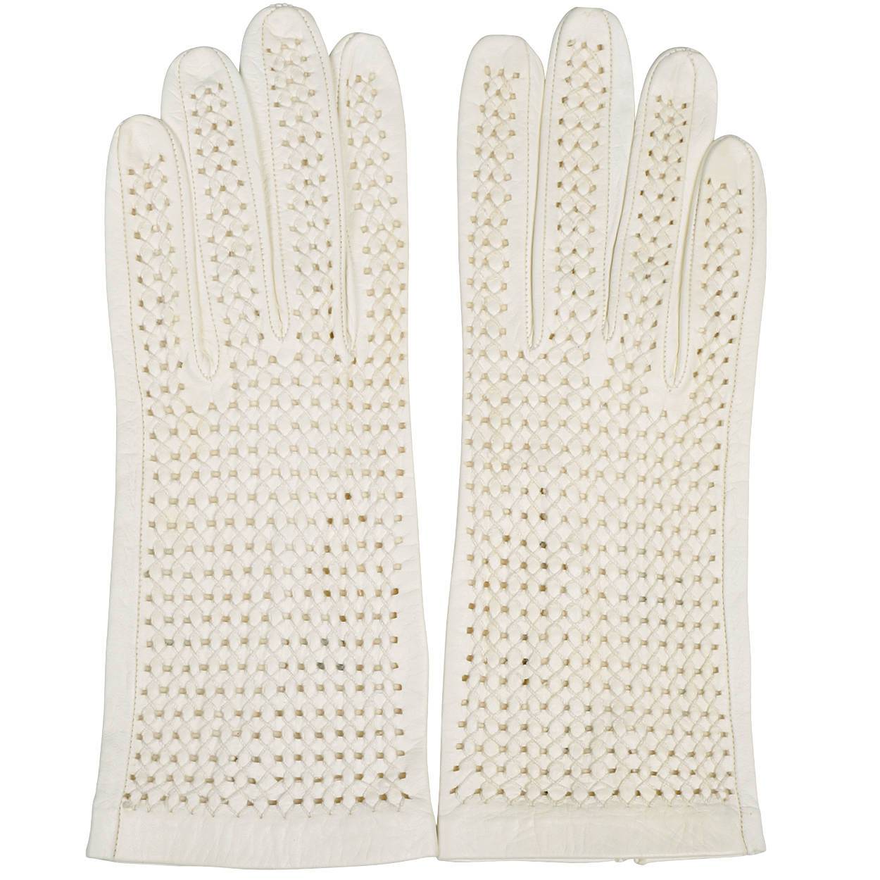 Vintage 1960s Gloves White Lattice Leather Unused Size 6 1/2 - Poppy's Vintage Clothing