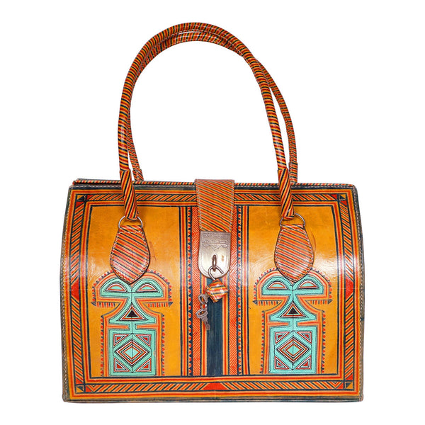 Large Leather Satchel Handbag Hand Painted North African - Poppy's Vintage Clothing