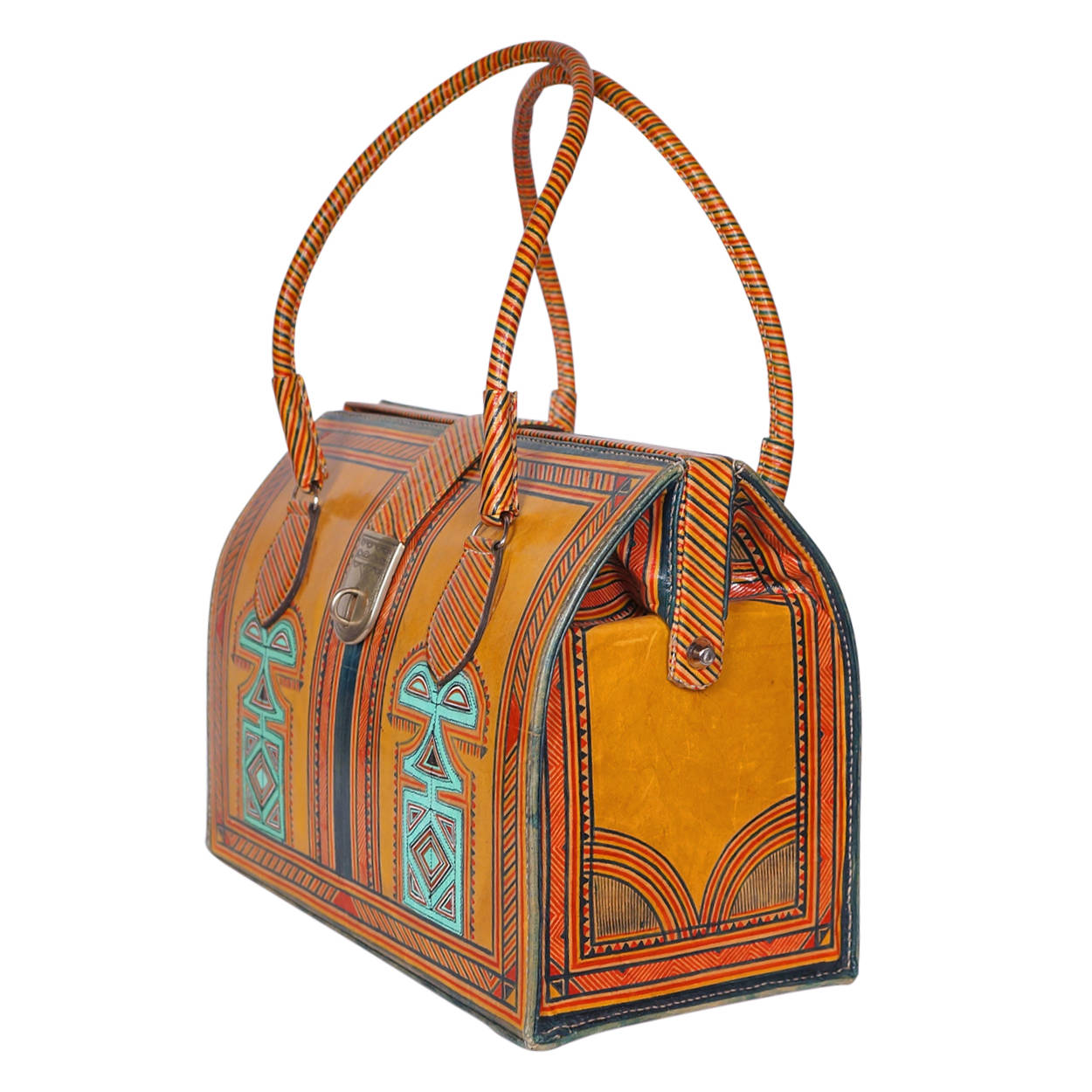 Large Leather Satchel Handbag Hand Painted North African - Poppy's Vintage Clothing
