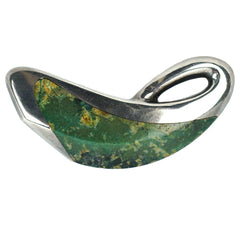 Vintage Ledesma Modernist Brooch Pin Taxco Mexican Sterling Silver w Moss Agate - Poppy's Vintage Clothing