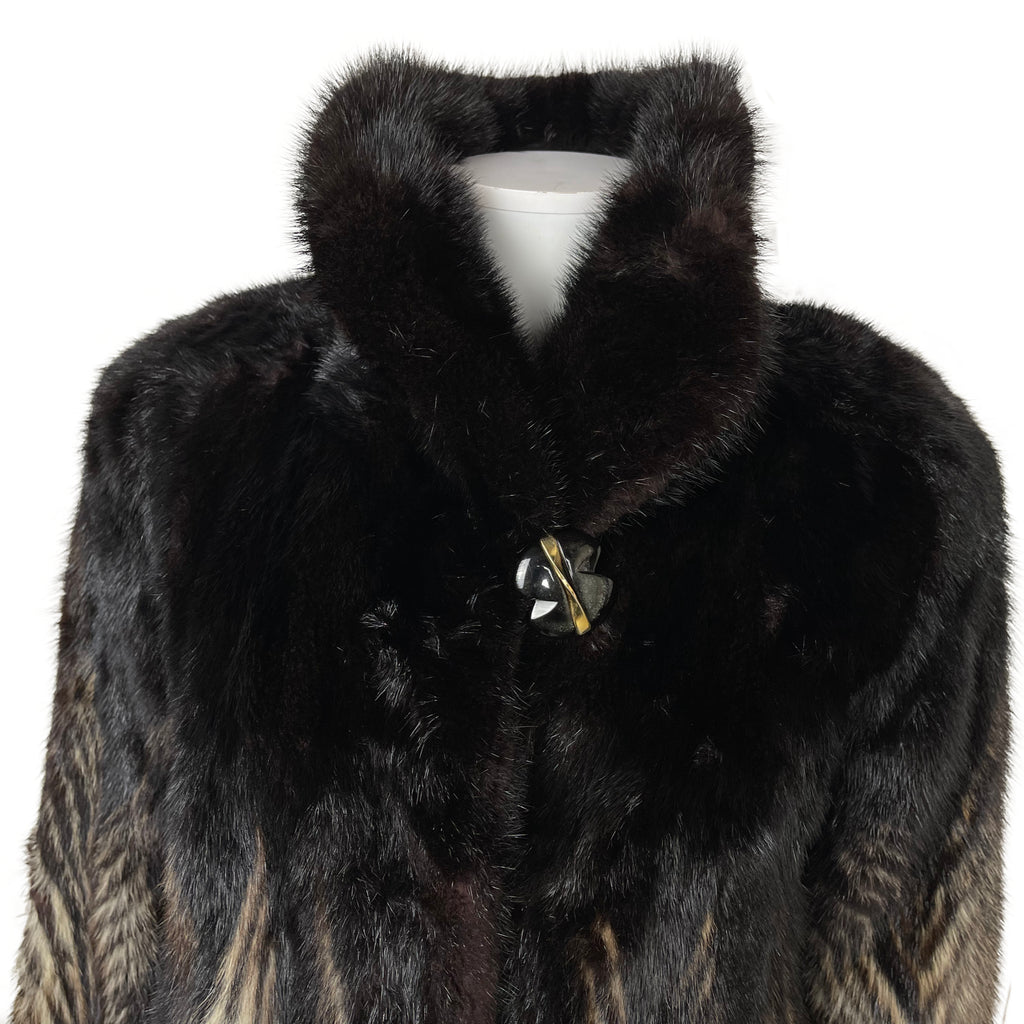 Vintage Herringbone Mink Coat Dyed Pattern Beige Black Sz M
