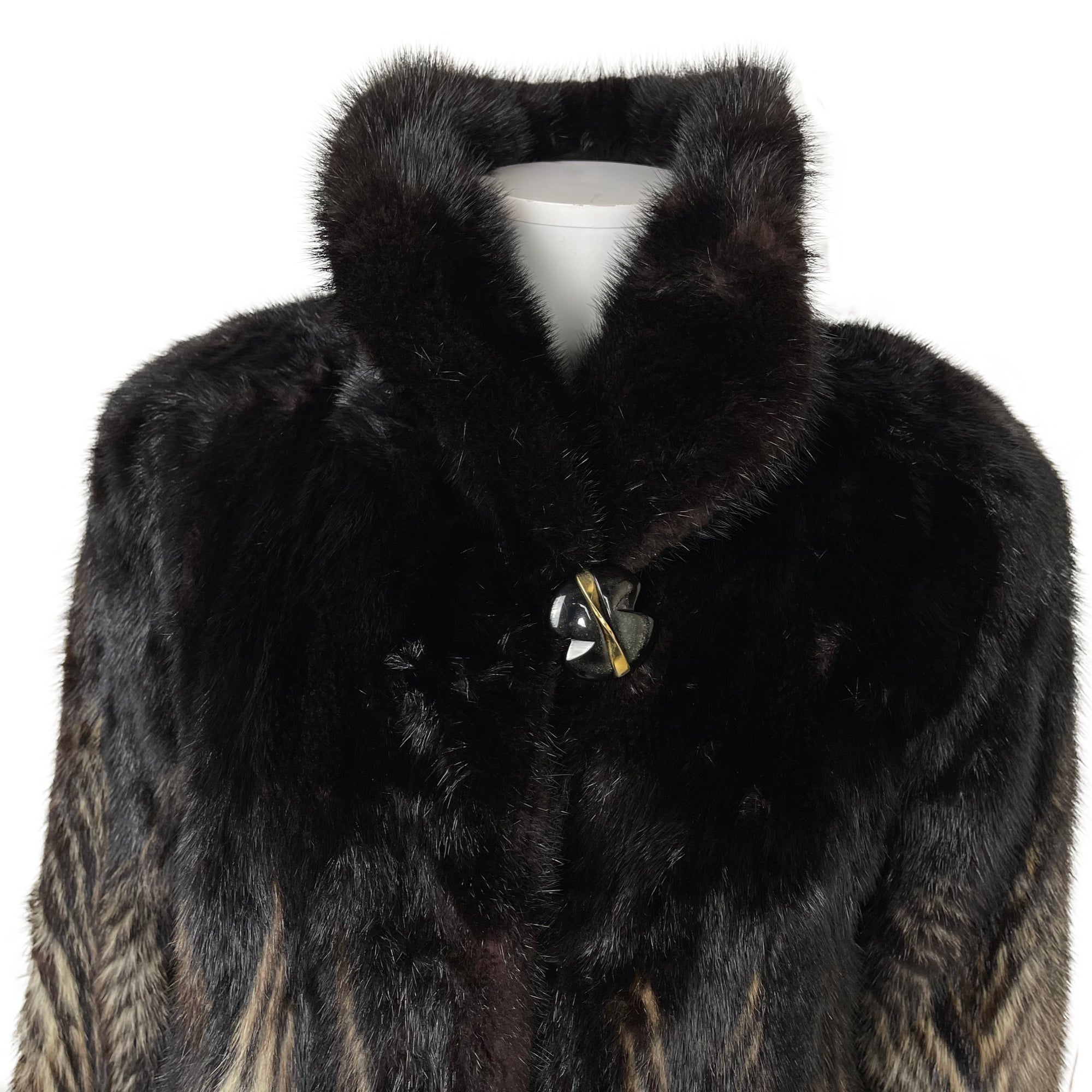 Vintage Herringbone Mink Coat Dyed Pattern Beige Black Sz M