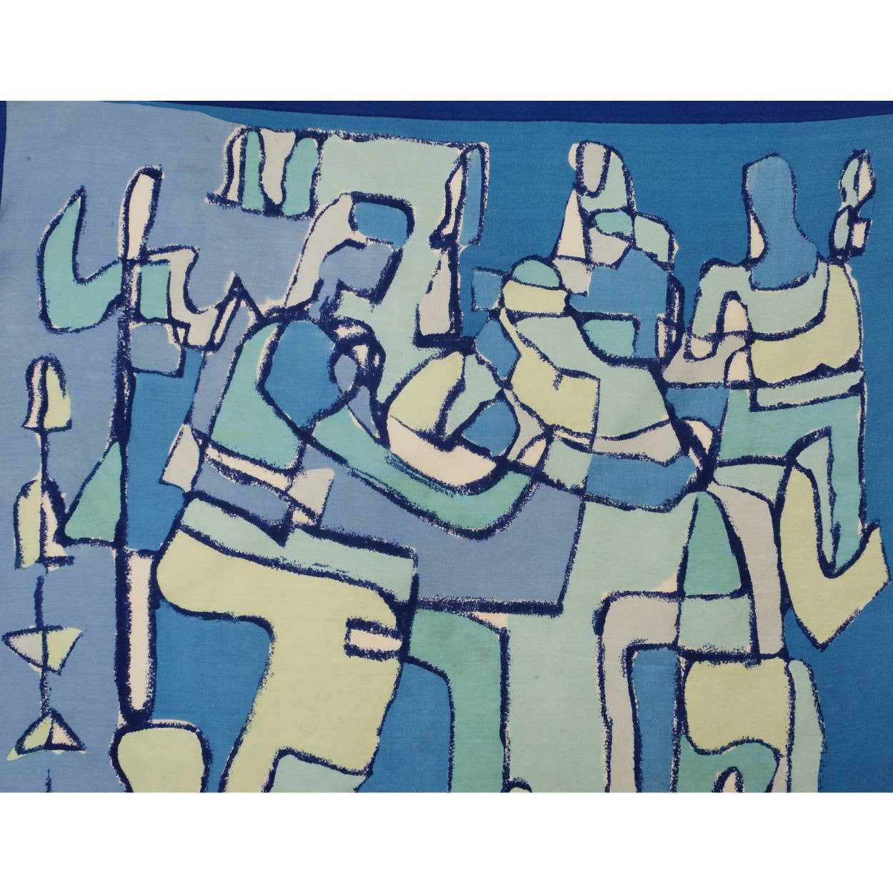 Vintage Liberty of London Silk Scarf Blue Cubist Figural Pattern Exceptional  - Poppy's Vintage Clothing