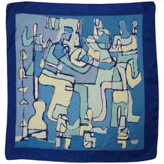 Vintage Liberty of London Silk Scarf Blue Cubist Figural Pattern Exceptional  - Poppy's Vintage Clothing