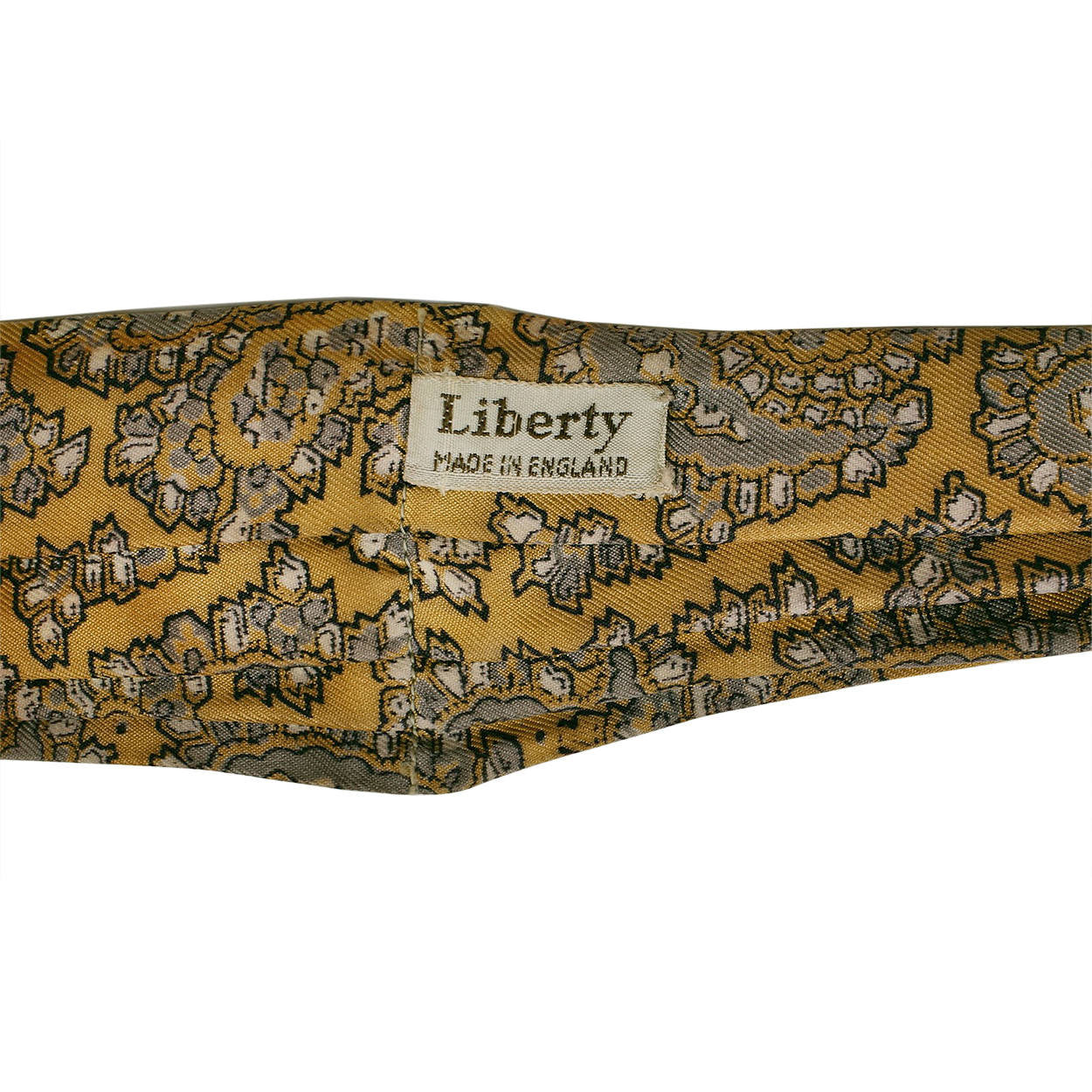 Vintage Liberty of London Silk Ascot Ochre Gold Cravat w Grey Paisley Pattern - Poppy's Vintage Clothing
