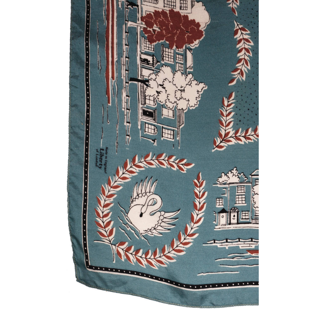 Vintage 1950s Liberty of London Silk Twill Scarf Buildings Park and Swans Design - Poppy's Vintage Clothing