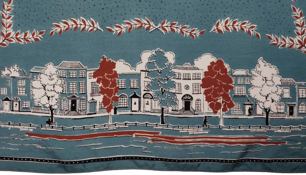 Vintage 1950s Liberty of London Silk Twill Scarf Buildings Park and Swans Design - Poppy's Vintage Clothing
