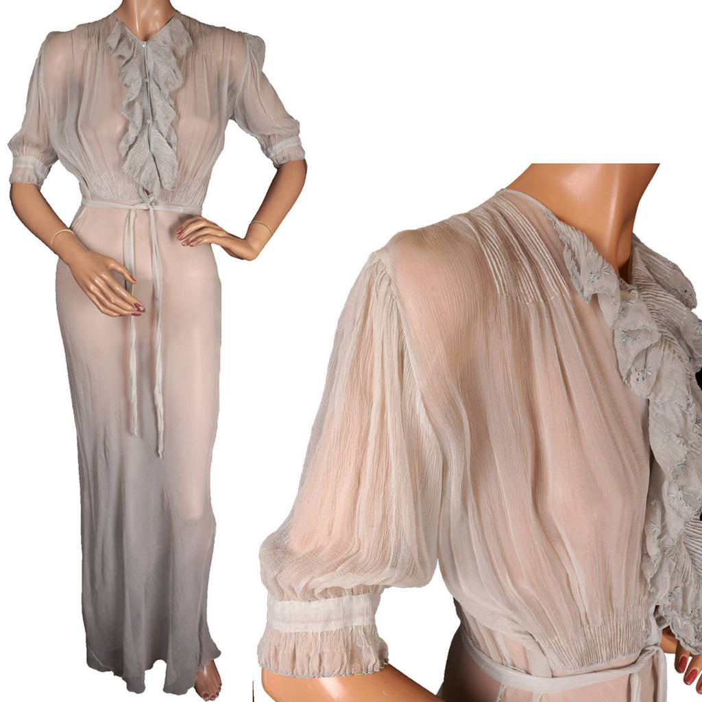 Vintage 1930s Blue Silk Chiffon Nightgown - M - Poppy's Vintage Clothing