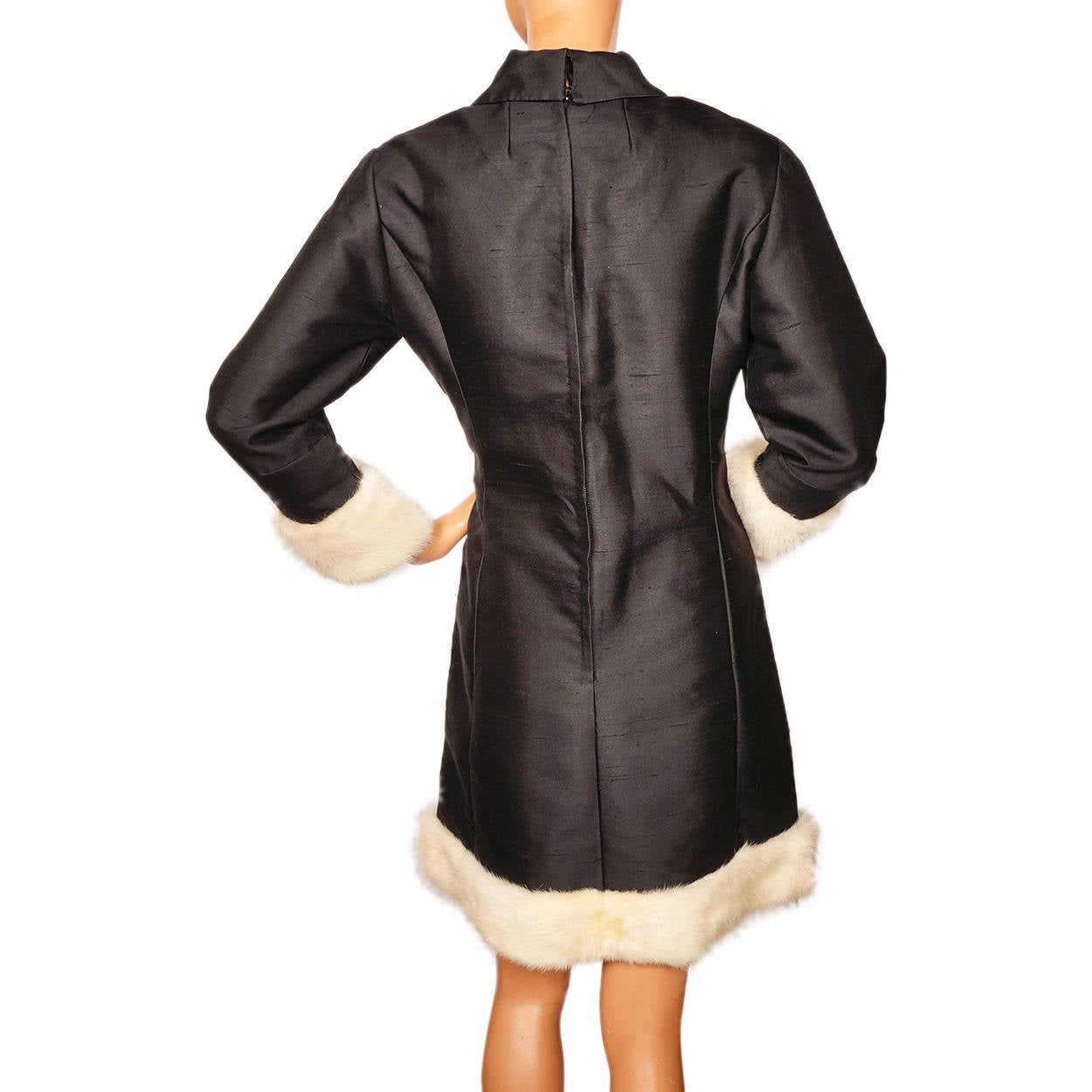 Vintage 1960s Black Silk Cocktail Dress - White Mink Trim - Lillie Rubin - L - Poppy's Vintage Clothing