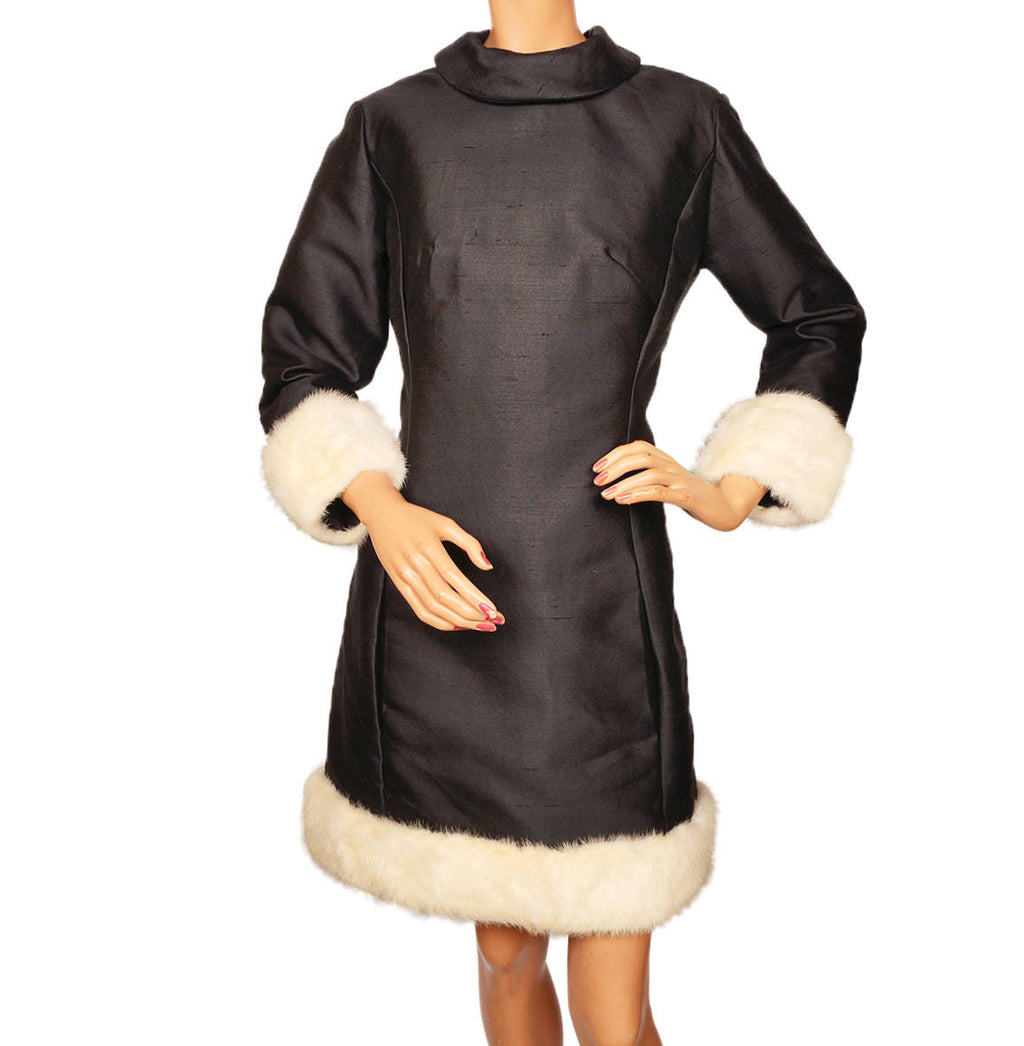 Vintage 1960s Black Silk Cocktail Dress - White Mink Trim - Lillie Rubin - L - Poppy's Vintage Clothing
