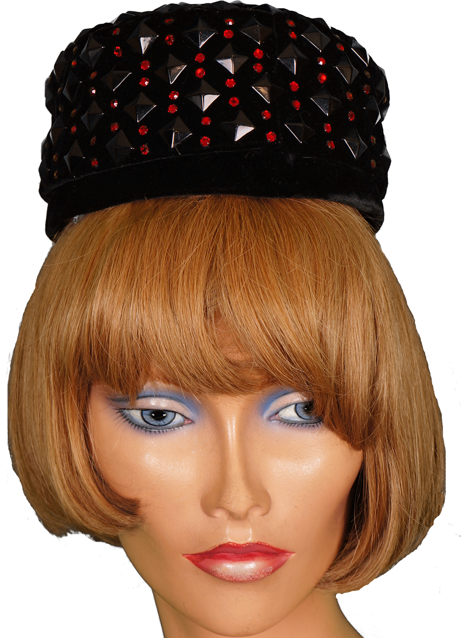 Vintage Lilly Dache Pillbox Hat - 1950s or early 1960s  - Black Velvet w Red Rhinestones Size S - Poppy's Vintage Clothing