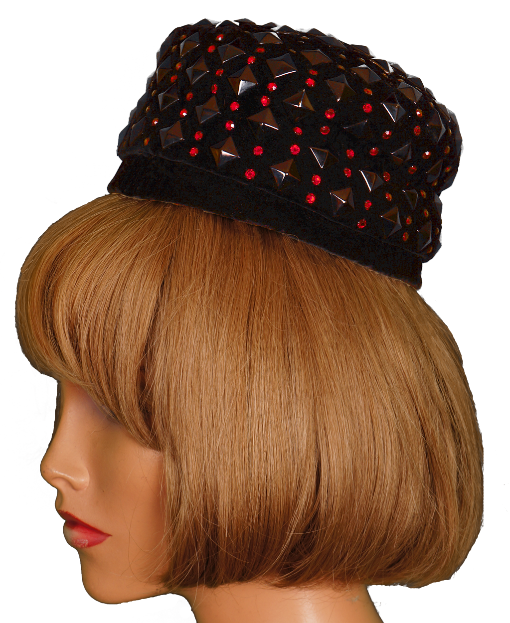 Vintage Lilly Dache Pillbox Hat - 1950s or early 1960s  - Black Velvet w Red Rhinestones Size S - Poppy's Vintage Clothing