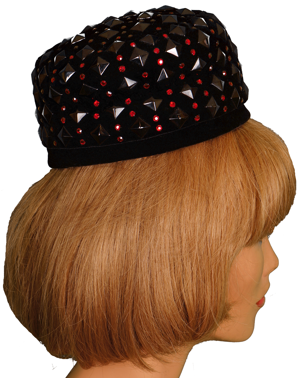 Vintage Lilly Dache Pillbox Hat - 1950s or early 1960s  - Black Velvet w Red Rhinestones Size S - Poppy's Vintage Clothing