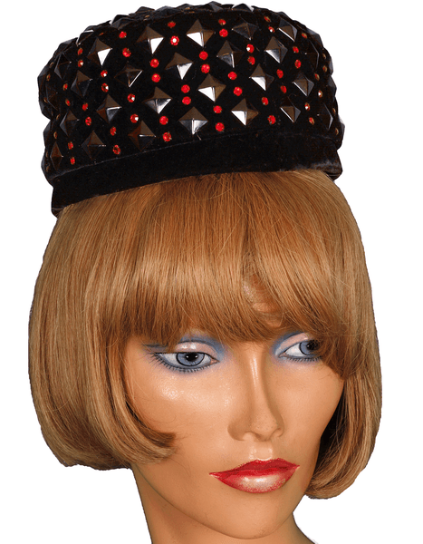 Vintage Lilly Dache Pillbox Hat - 1950s or early 1960s  - Black Velvet w Red Rhinestones Size S - Poppy's Vintage Clothing