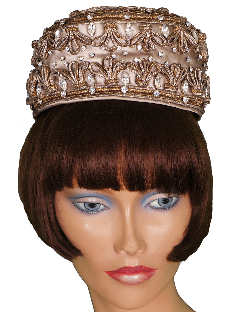 Vintage Lilly Dache Pillbox Hat - 1950s or early 1960s - w Gold & Silver Braid & Rhinestones Size S - Poppy's Vintage Clothing