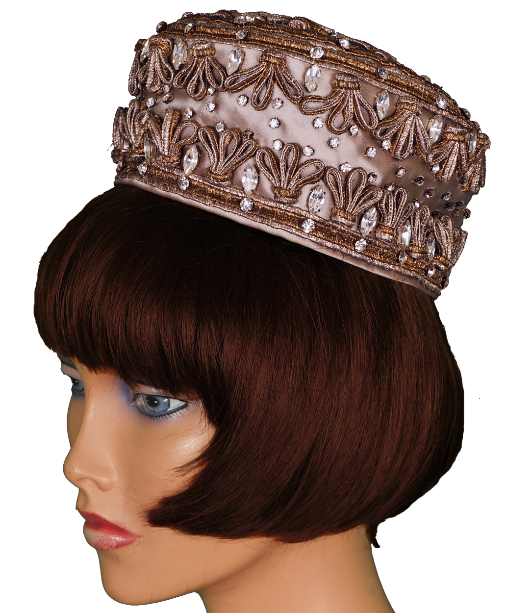 Vintage Lilly Dache Pillbox Hat - 1950s or early 1960s - w Gold & Silver Braid & Rhinestones Size S - Poppy's Vintage Clothing