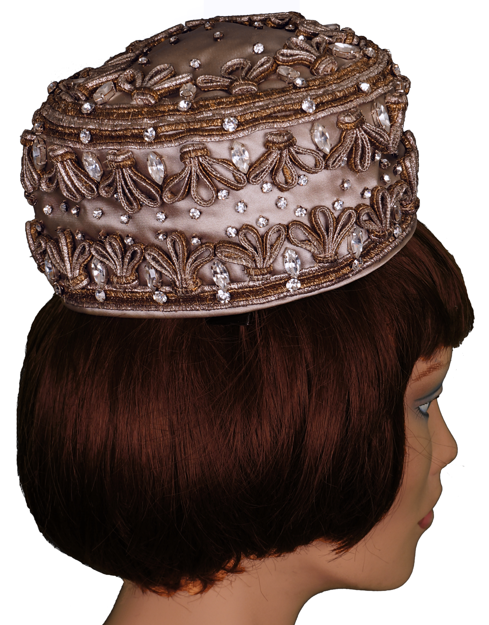 Vintage Lilly Dache Pillbox Hat - 1950s or early 1960s - w Gold & Silver Braid & Rhinestones Size S - Poppy's Vintage Clothing