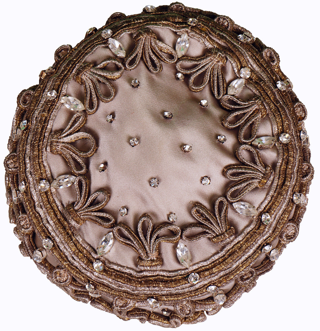 Vintage Lilly Dache Pillbox Hat - 1950s or early 1960s - w Gold & Silver Braid & Rhinestones Size S - Poppy's Vintage Clothing