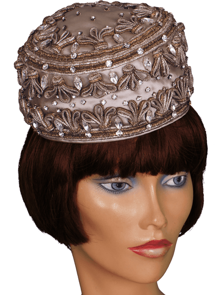 Vintage Lilly Dache Pillbox Hat - 1950s or early 1960s - w Gold & Silver Braid & Rhinestones Size S - Poppy's Vintage Clothing