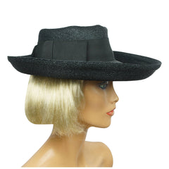 Vintage 1950s Lilly Dache Dachettes Hat Wide Brim Black Straw Size Small - Poppy's Vintage Clothing