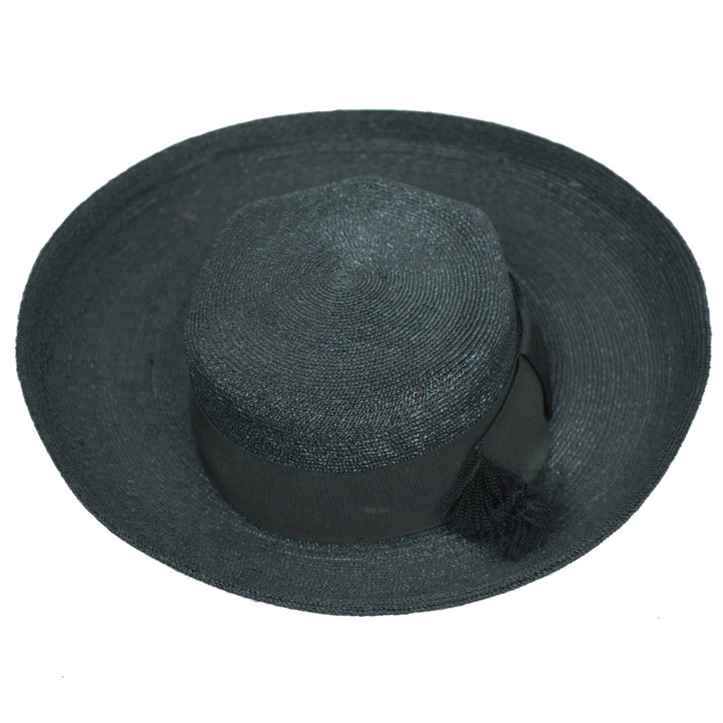 Vintage 1950s Lilly Dache Dachettes Hat Wide Brim Black Straw Size Small - Poppy's Vintage Clothing