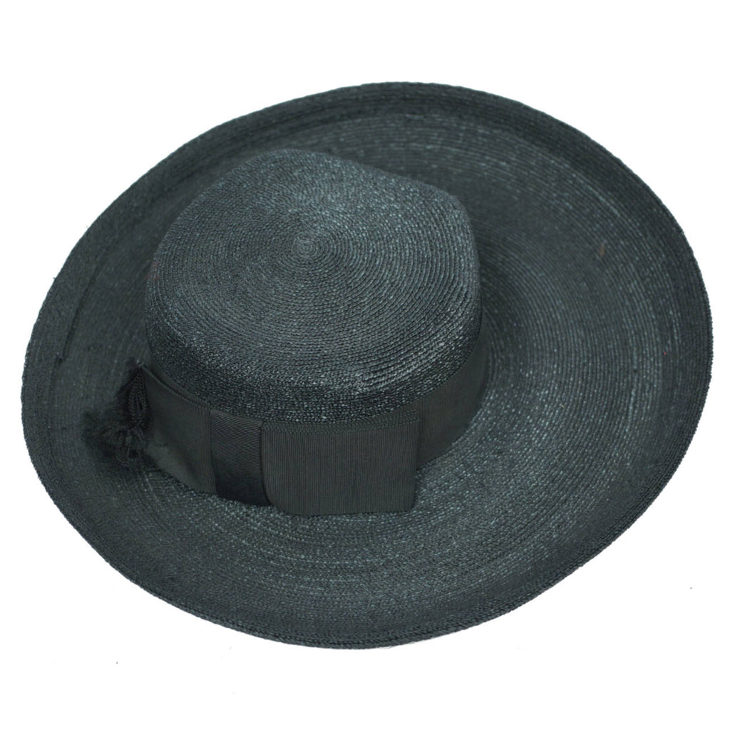 Vintage 1950s Lilly Dache Dachettes Hat Wide Brim Black Straw Size Small - Poppy's Vintage Clothing