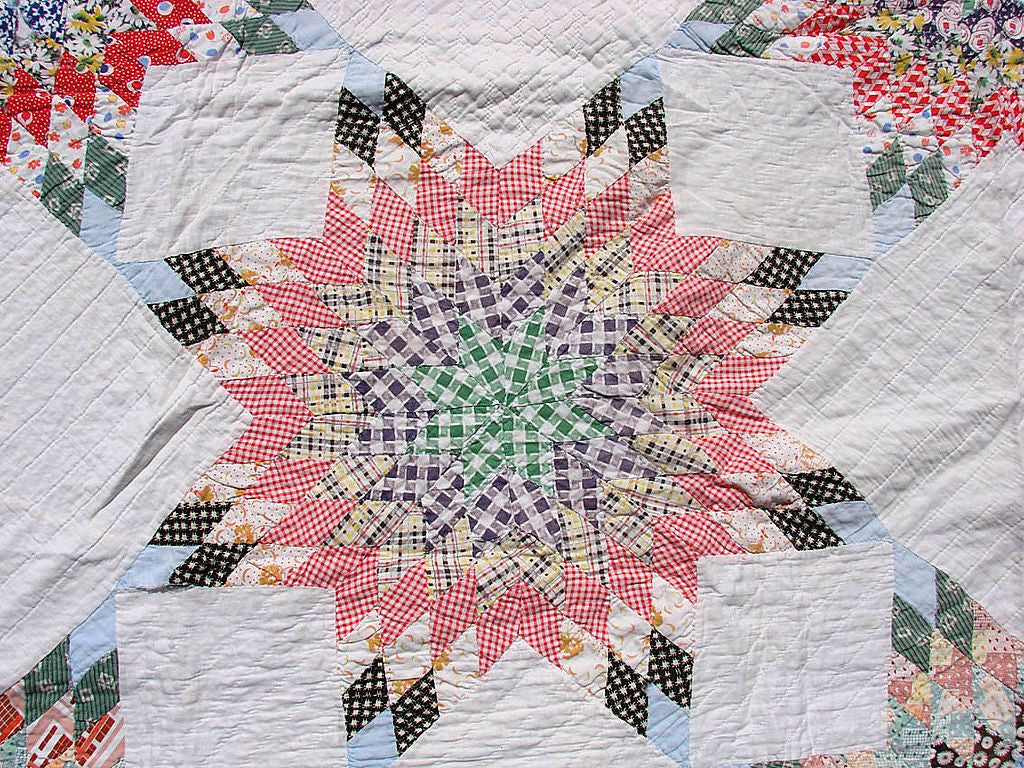 Vintage 1930s Quilt Lone Star Pattern - Hand Sewn - Poppy's Vintage Clothing