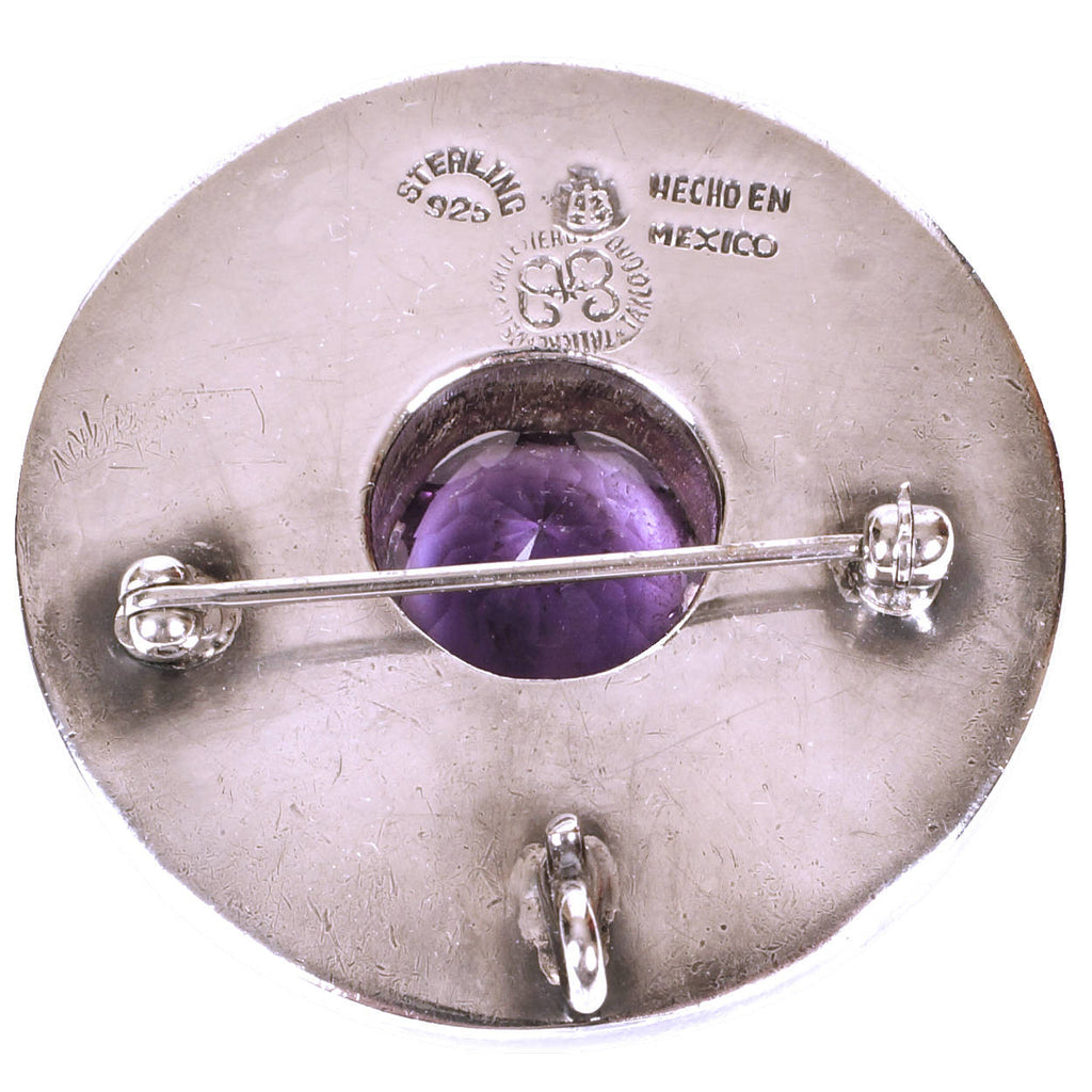 Modernist Los Ballesteros Taxco Mexican Sterling Silver Round Brooch Pendant w Amethyst - Poppy's Vintage Clothing