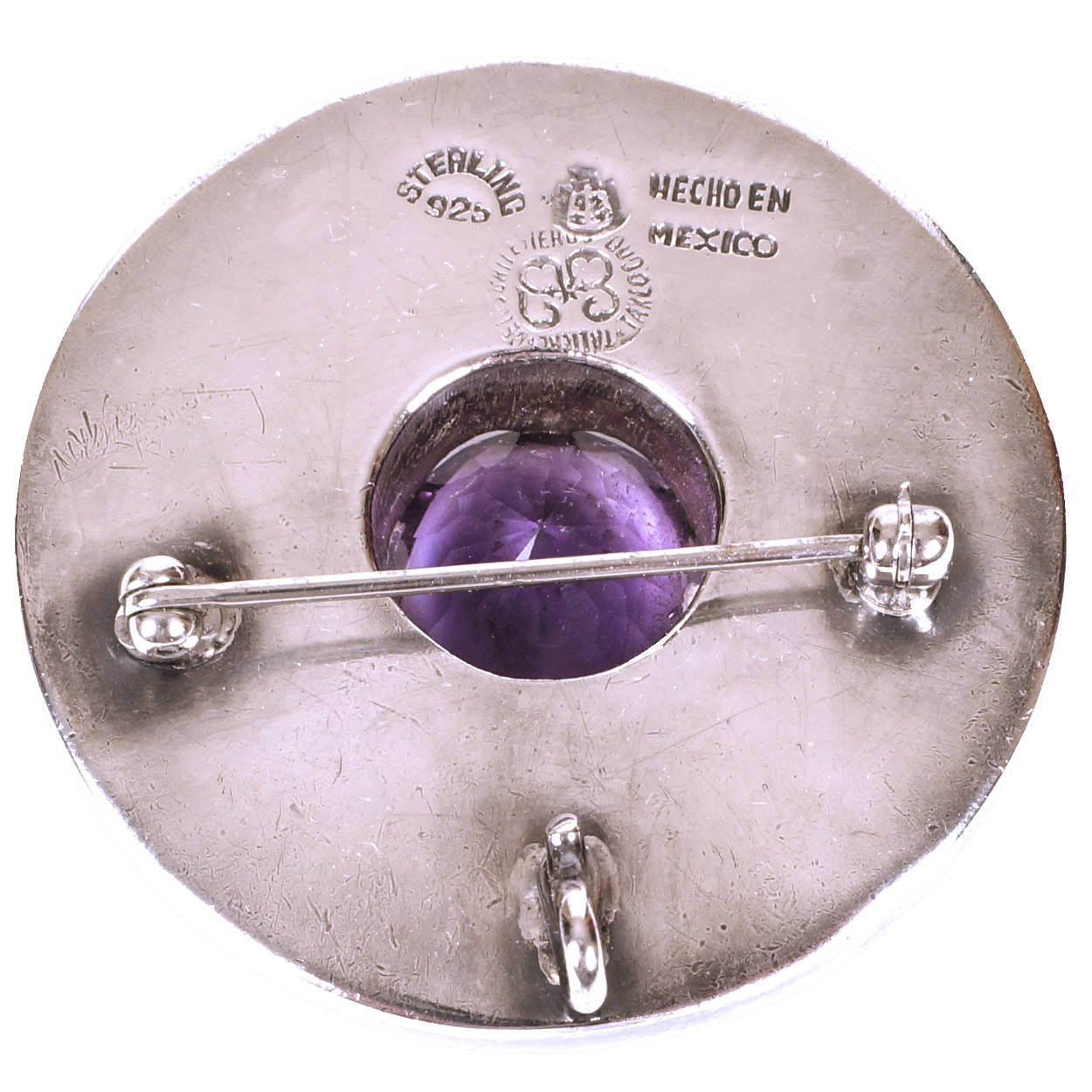 Modernist Los Ballesteros Taxco Mexican Sterling Silver Round Brooch Pendant w Amethyst - Poppy's Vintage Clothing