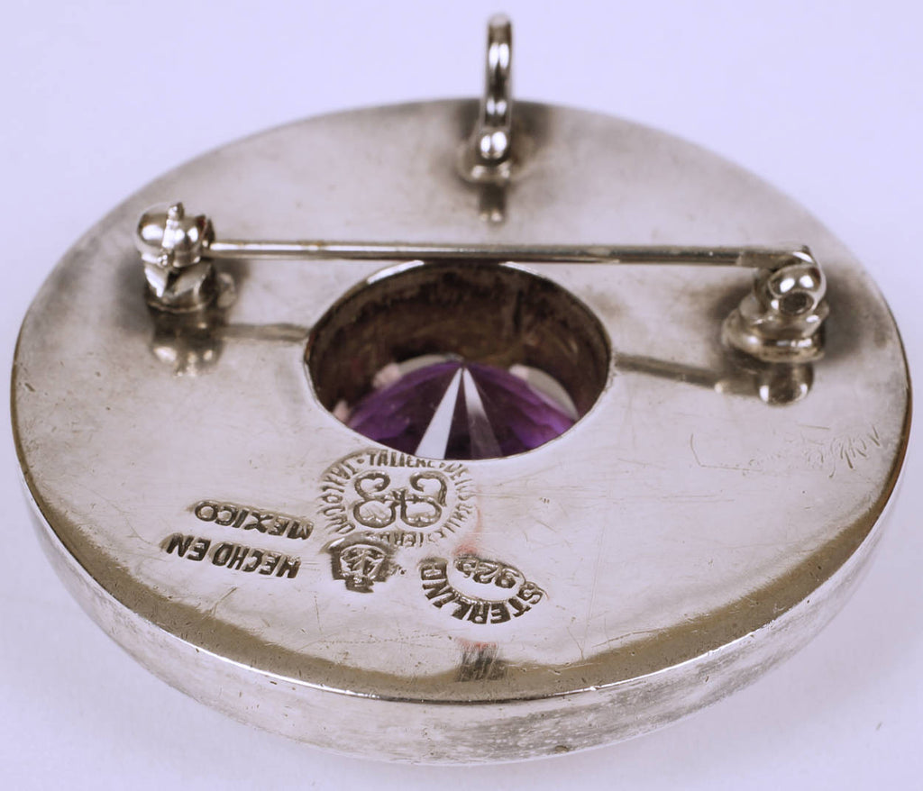 Modernist Los Ballesteros Taxco Mexican Sterling Silver Round Brooch Pendant w Amethyst - Poppy's Vintage Clothing