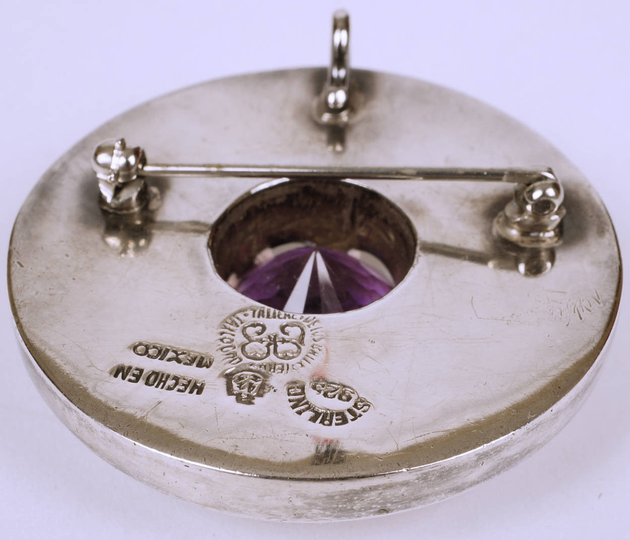 Modernist Los Ballesteros Taxco Mexican Sterling Silver Round Brooch Pendant w Amethyst - Poppy's Vintage Clothing