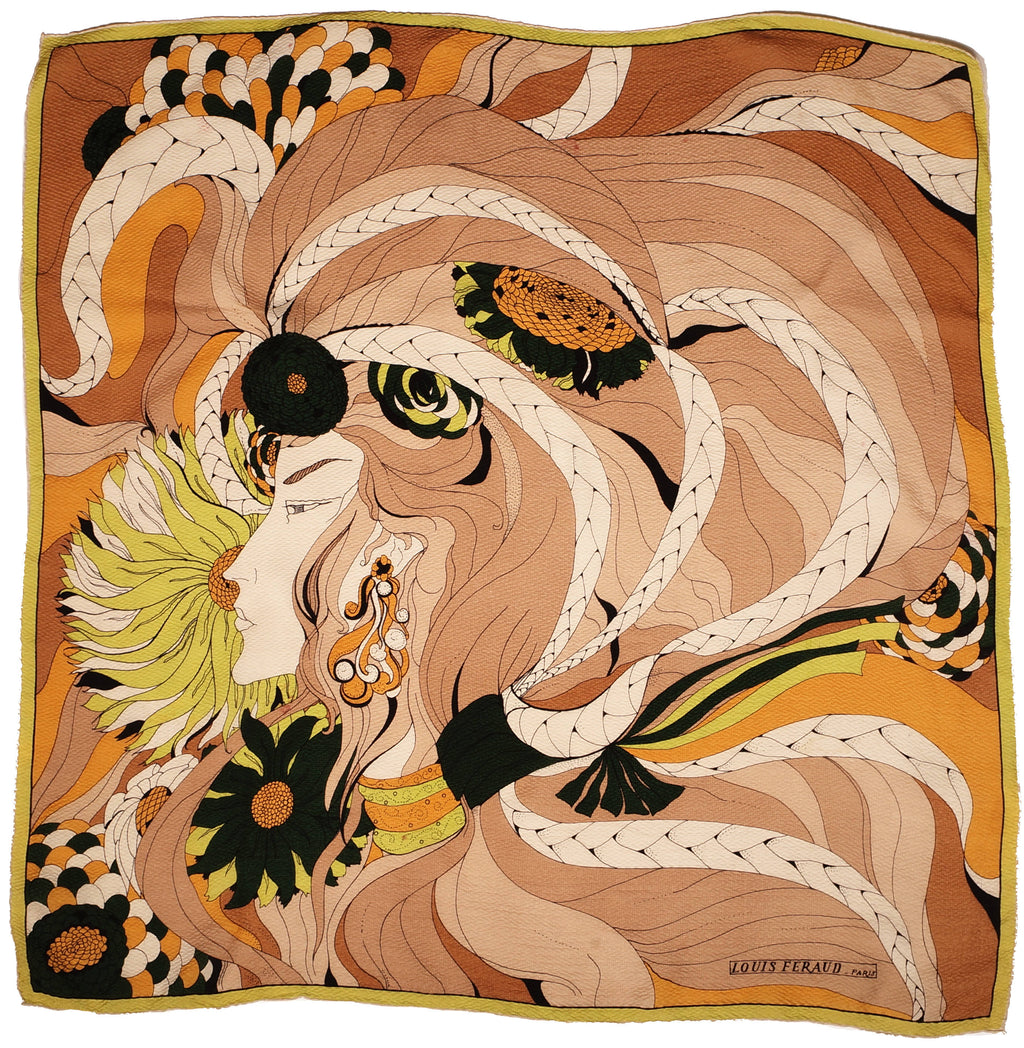 Vintage Louis Feraud Paris Plisse Silk Scarf 1960s Mod Art Nouveau Lady Graphic - Poppy's Vintage Clothing